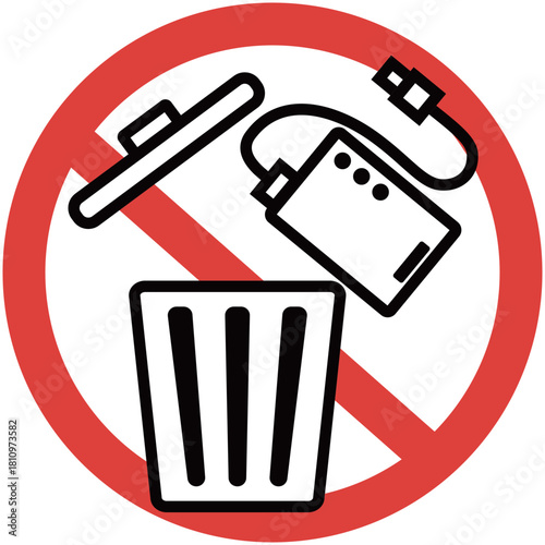 モバイルバッテリーをごみ箱の捨てるのを禁止をイメージしたシンプルなアイコン素材