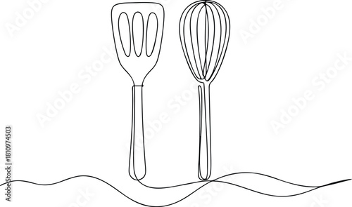 Single line drawing of spatula and whisk on wavy line