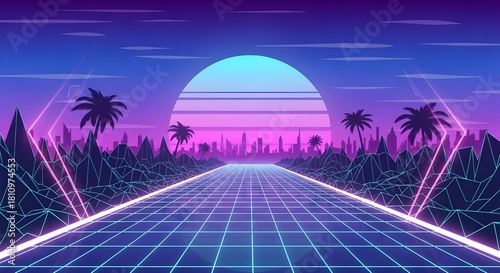 Digital illustration of a futuristic cityscape with a grid road and neon lights leading to a vibrant purple and blue sunset with palm trees in a retro-futuristic landscape.