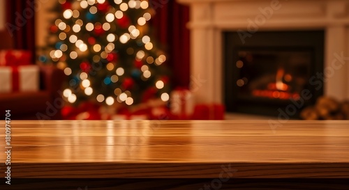 Empty wooden table surface in foreground with a blurred cozy christmas scene featuring a decorated tree and fireplace in the background for product display