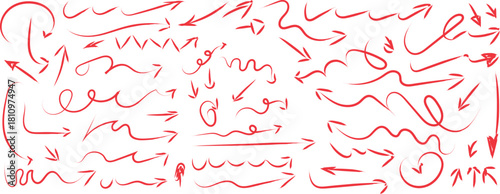 collection of hand-drawn red arrows, sketched in a doodle or crayon style. 