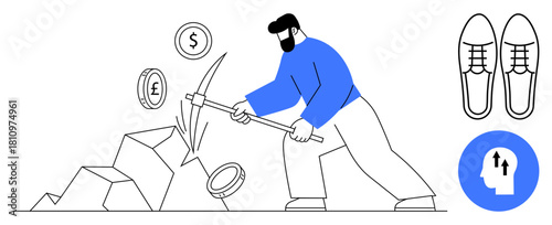 Financial mining concept. a person extracting currencies with a pickaxe, financial strategy and wealth creation. Financial mining, wealth-building tools, trades. For business, economy