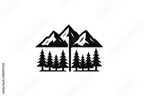 Black and white mountain and forest silhouette logo design