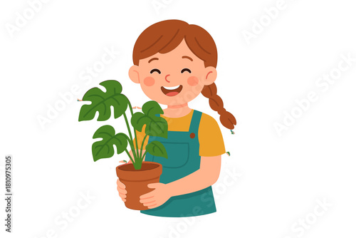 Happy child holding potted houseplant with braided hair
