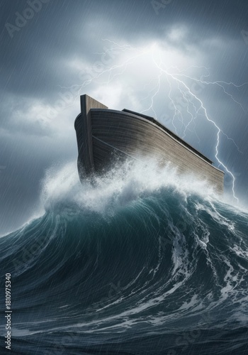 Fototapeta Naklejka Na Ścianę i Meble -  Noah's Ark sailing through stormy ocean waves with lightning and heavy rain
