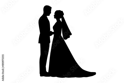 Silhouette of bride and groom holding hands looking at each other