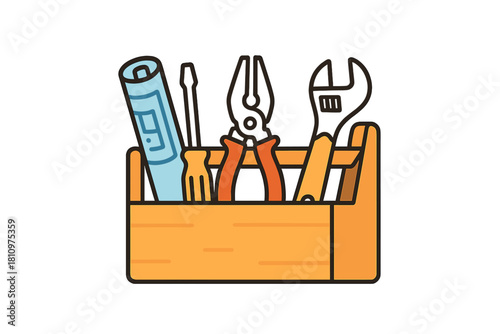 Wooden toolbox filled with various construction and repair instruments