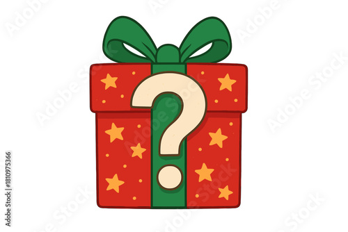 Festive red gift box with question mark and shining stars