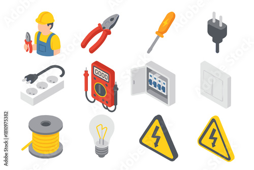 Isometric icons of electrical equipment and worker safety gear