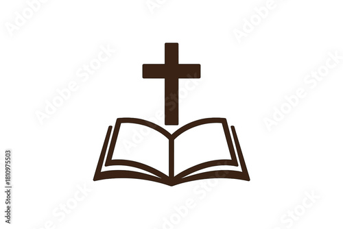 Christian cross symbol above open religious book icon