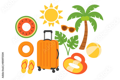 Set of vibrant icons for summer vacation and tropical travel themes
