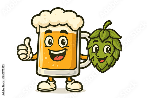 Cheerful beer mug mascot giving thumbs up next to hop cone character