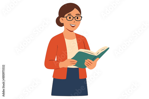 Cheerful woman with glasses reading an open book