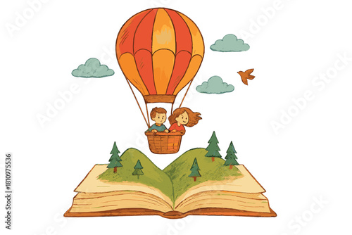 Children flying in hot air balloon above open storybook landscape