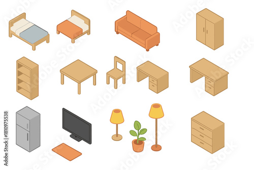 Isometric icons of various household furniture and modern appliances