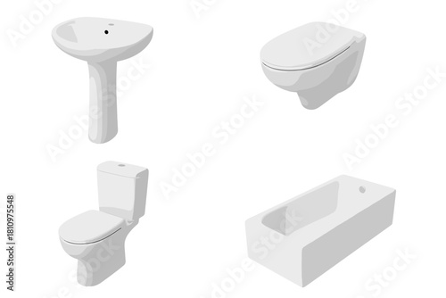 Set of Modern White Ceramic Bathroom Fixtures Including Sink Toilet and Bathtub