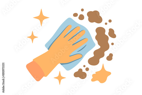 Hand wiping brown stain with cleaning cloth and sparkles