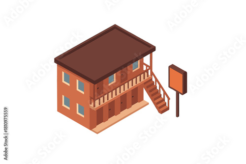 Isometric two story motel building with blank roadside sign