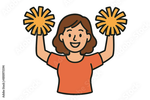 Happy young woman holding orange pom-poms above her head