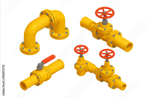 Isometric yellow pipeline components with control valves and elbow joint