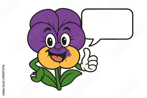 Happy pansy flower mascot giving thumbs up gesture with blank speech bubble