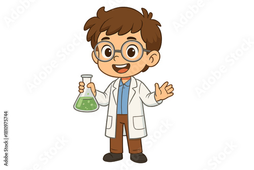 Happy young boy scientist holding laboratory flask with green liquid