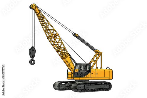 Yellow crawler crane with lattice boom and hook block