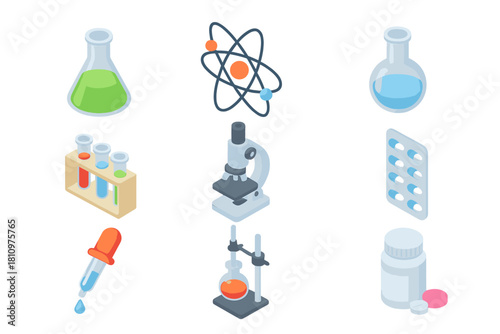 Isometric icons for science and medical laboratory equipment and tools