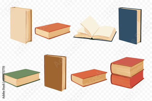 Assortment of antique hardcover books in diverse colors and orientations