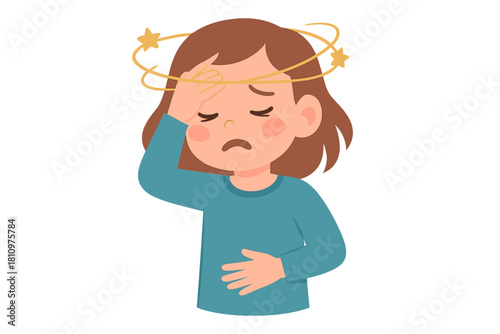 Young child suffering from dizziness headache and stomach discomfort