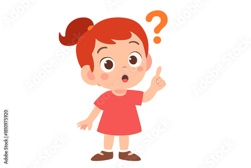 Young girl with surprised expression pointing upwards next to question mark