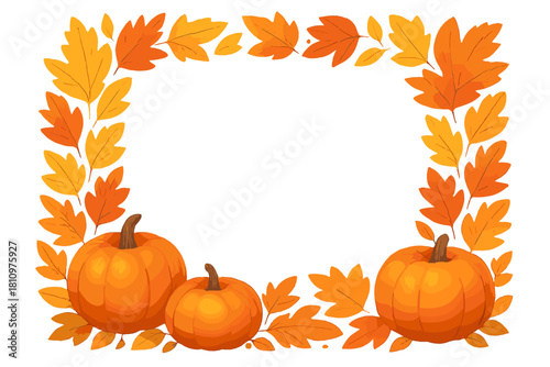 Autumn frame border with orange pumpkins and fall leaves