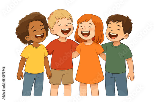 Diverse group of happy children standing together with arms around shoulders