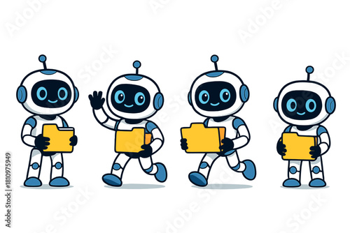Cute white and blue robot characters holding yellow document folders in various poses