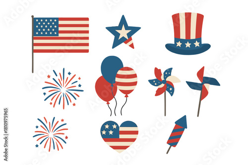 Set of patriotic American holiday celebration icons featuring flag and fireworks