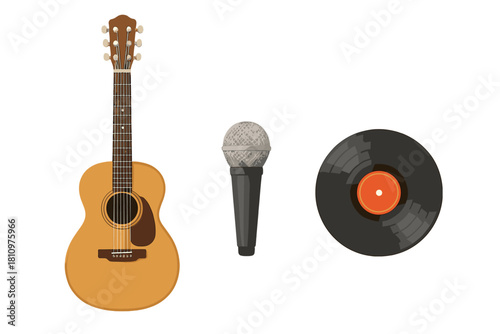 Acoustic guitar microphone and vinyl record isolated on white background