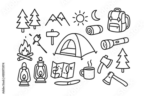 Simple outline icons for camping and outdoor adventure equipment