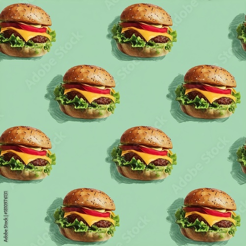 Juicy cheeseburger on mint background, seamless fast food pattern, repeating pattern for packaging, menu design and textiles