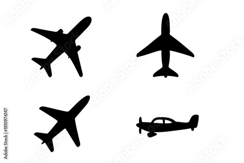 Black silhouette icons of commercial and propeller airplanes