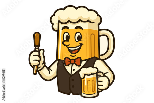 Smiling beer mug mascot character holding tap handle and small glass