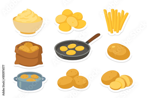 Set of icons depicting potato cooking stages and prepared dishes