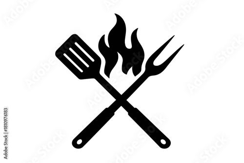 Crossed barbecue spatula and carving fork with stylized flame icon
