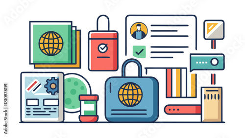 Cybersecurity concept with secure data access, password protection, documents and digital ID elements in flat design