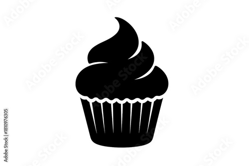Minimalist black silhouette of frosted cupcake with swirled topping