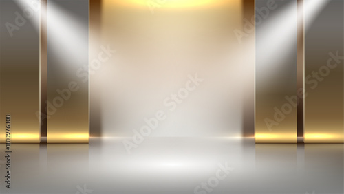 gold stage spotlight background for award ceremony with elegant metallic columns and reflective floor luxury showcase scene for product display or presentation in a modern showroom