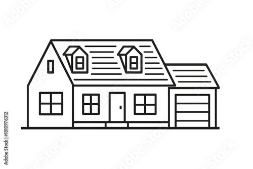 Outline drawing of a suburban house with attached garage and dormer window