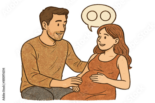 Smiling couple lovingly touches expectant mother's pregnant belly