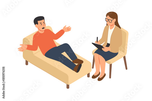 Man discusses emotional distress with female psychologist during therapy session