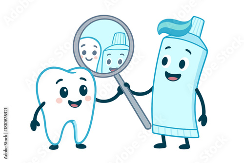 Happy cartoon tooth and toothpaste tube with magnifying glass