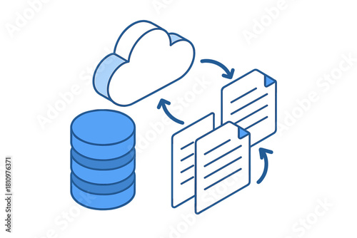 Isometric cloud database synchronization with document transfer icons